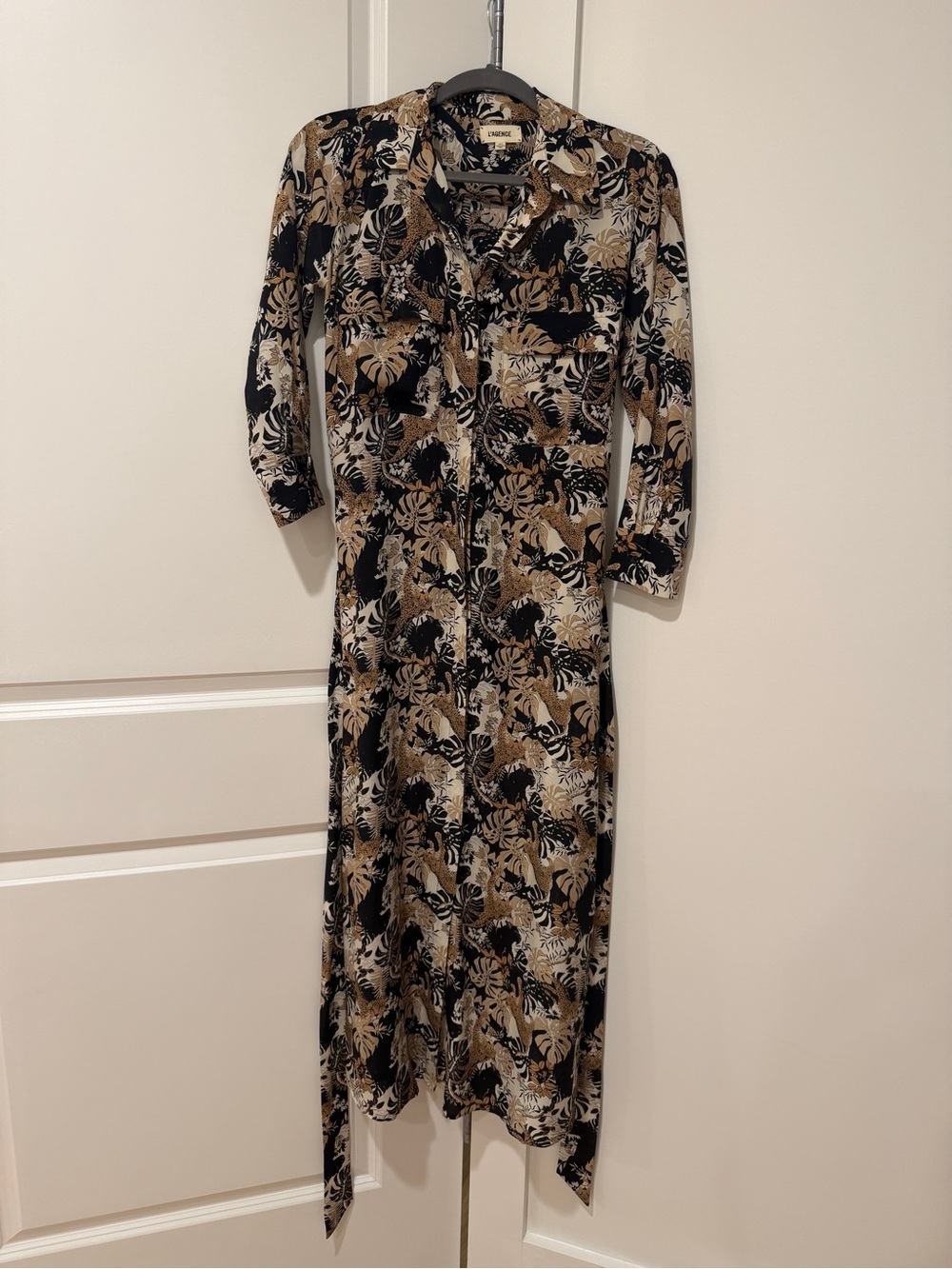 L'AGENCE Black and Tan Botanical Button-Front Maxi Dress